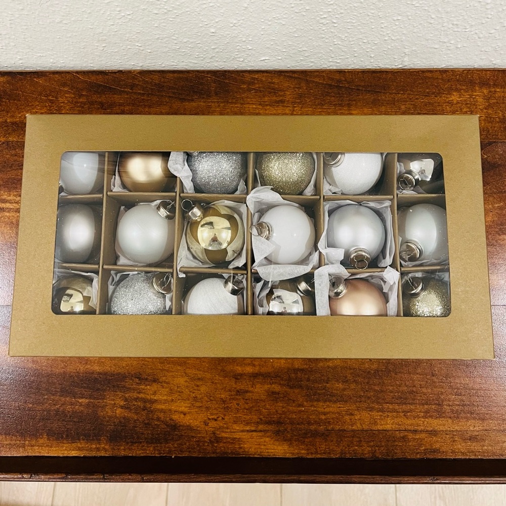 Crate & Barrel Medium Winter Metallics Christmas Ornaments, Boxed Set of 18